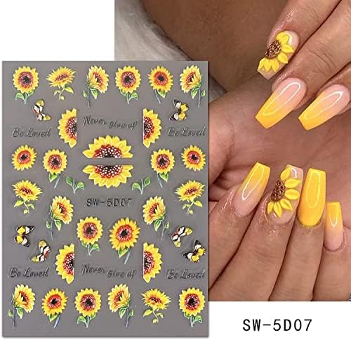 5Д врежани цвеќиња налепници за нокти, 3 листови летни француски врвови за нокти, пролетни врежани цветни нокти додатоци за акрилни