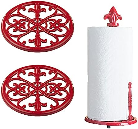 Домашни основи тешки леано железо Флеур де Лис, држач за хартија и 2 трилеви, црвени | Обвивка на емајл | Убава светло црвена | Колекција