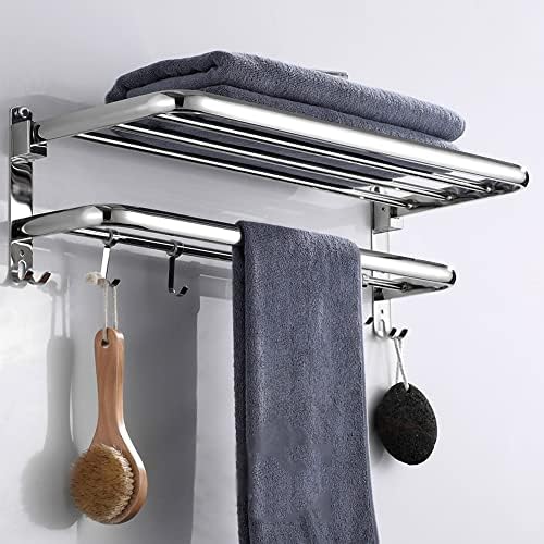 Seass преклопување Подвижна полица за пешкир за бања, не'рѓосувачки челик, бања за бања, држач за решетки за складирање на кука додатоци