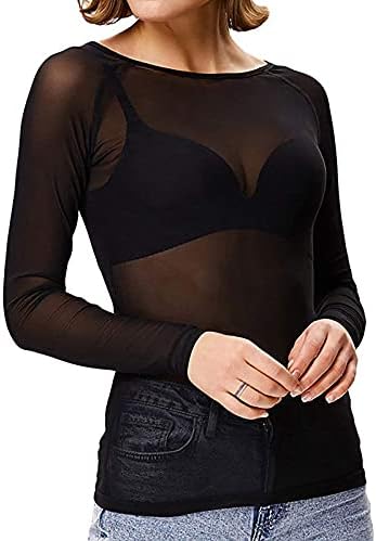 Погледнете низ врвовите за женски основни долги ракави мрежа чиста врвна тенок фит секси маички кошули за блузи клубска облека