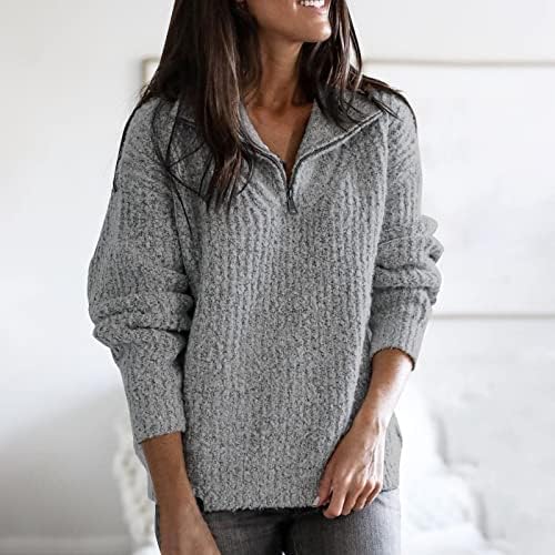 UDSVP женски џемпери паѓаат во 2022 година зашивање на долги ракави, јака, полу-патент пулвер плетен џемпер врвен пулвер
