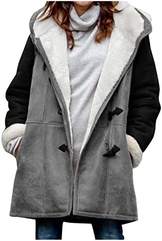 Womenените зимски палто плус големина крпеница плус кадифена надворешна облека со долги ракави рогови џебови од џебови со качулка