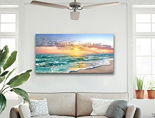 Океански плажа слики за wallидна декорација- wallидна уметност за дневна соба голема големина над кревет- врамена сина плажа и песок