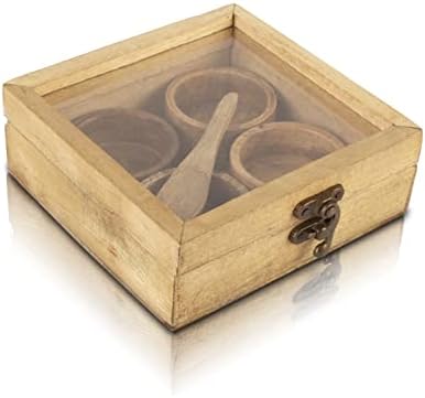 Рачно изработена дрвена зачинета билка зачини зачини масала кутија држач за држач за садови за решетки со лажица и чист капак 6 x 6 инчи декоративно
