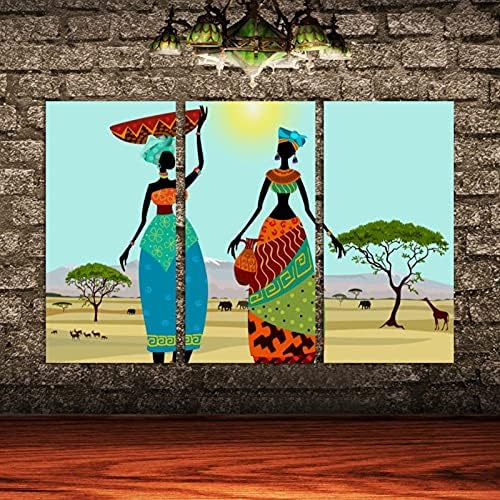 Wallидна уметност за дневна соба, африкански жени во планински пејзаж врамени декоративно масло за сликање поставени декоративни модерни