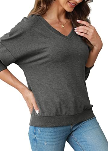 Fmeyoa женски v вратот џемпери без аспиратор со долги ракави лесни трендовски есен пролет основни кошули врвови