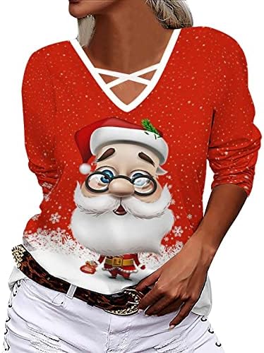 Womenените Божиќни печати дама лабава целосна маичка пуловер врвови со лекови со долги ракави, жени со долг ракав атлетски врвови