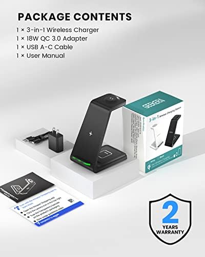 Geekera 3 во 1 безжичен полнач и магнетна станица за полнење безжичен пол за iPhone за Apple Watch за AirPods, T301 и T2605
