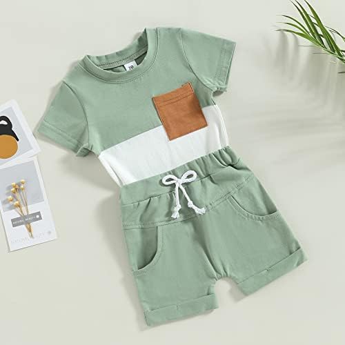 Доенчиња бебешки момчиња летни облеки облеки поставени во боја блок со кратки ракави маица со шорцеви поставени 2 парчиња облека