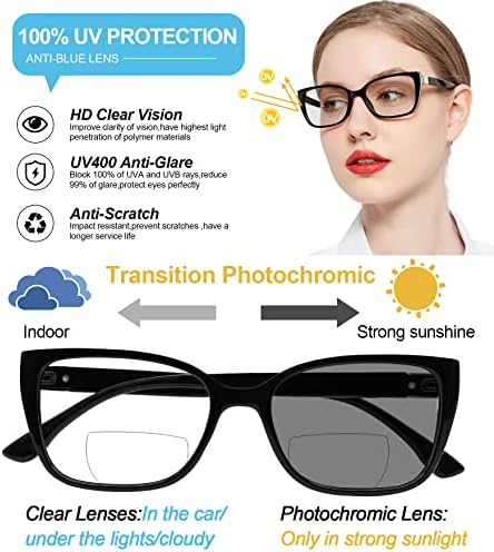 ОКЦИ КИАРИ Транзициски фотохроми бифокални очила за читање за жени, квадратни чисти УВ -очила за очила за сонце читатели