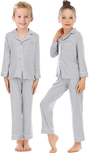 Veseacky Unisex Девојки момчиња пижами со долги ракави за спиење со долги ракави, копче-надолу 2 компјутери, поставени за 5-14 години