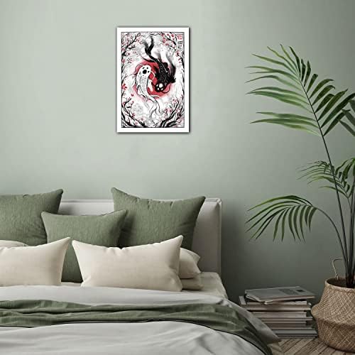 Lewsgdiye yin yang koi риба wallид декор црно -бели риби и црвени цреши цвеќиња уметнички принт за бања во спална соба куќа врамена 12x18 инчи