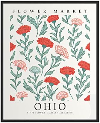 Уметнички печати на пазарот на цвеќиња во Охајо, Скарлет каранфил, цветни wallидни уметности, декор за цветни уметнички дела за спална соба,