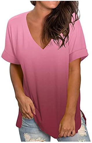 Womenенски V врат градиент на ракав летни врвови против вратот кратки ракави маички Туника кошули мека блуза плус големина.s-5xl