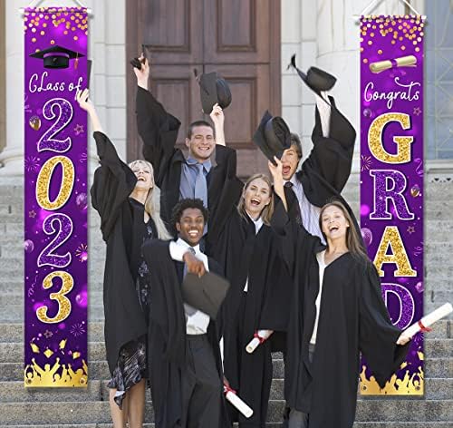 Банер за дипломирање 2023-Класа На Честитки Од 2023 Година Декорација На Банер Со Знаци На Тремот, 2 Парчиња Виолетови Честитки Знак За Закачување