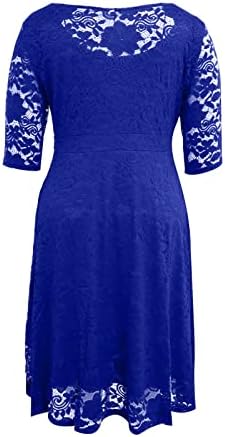 Женски темперамент со три четвртина ракав чипка чиста обична цврста боја О-вратот плус фустан со големина
