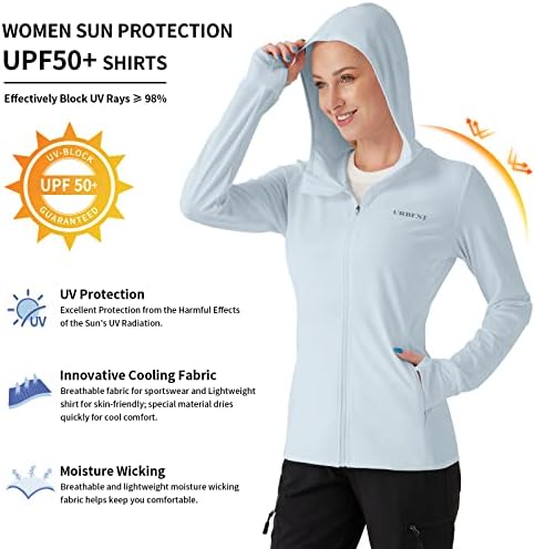 Women'sенски UPF 50+ Сонце за заштита на сонцето, јакна со долги ракави од сончеви кошули, пешачење на отворено со џебови