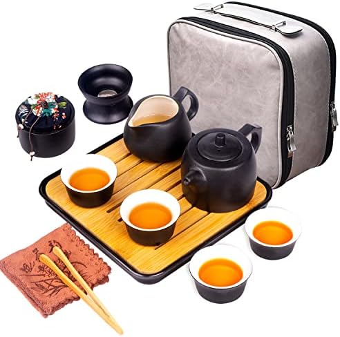 Кинески чај сет, јапонски кунг фу чај сет порцелански чај сет со 1 чајник, 4 чаши чајни чаши, 1 чаша Гонгдао, рачно изработен преносен