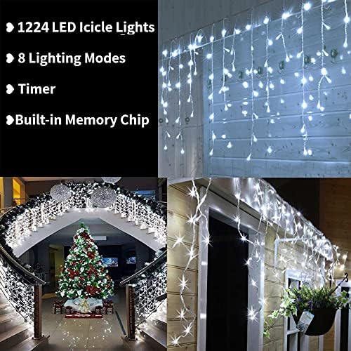 Toodour Божиќни светла на мраз на отворено, 100 -тина 1224 LED ладилни светла на жици со 204 капки, 8 режими Божиќни светла, лесни светла на бајки