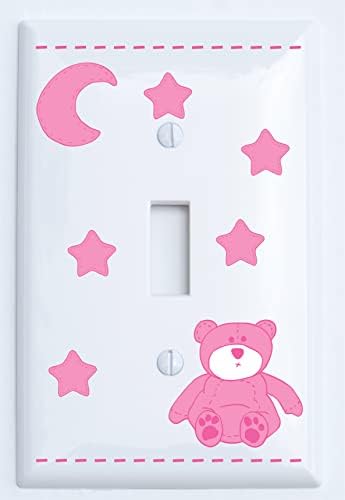 Пинк за прекинувач со розова мечка, единечни капаци за преклопување со розова месечина и starsвезди/декор за расадник на мечка мечка