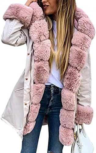 Женски качулка со крзнено палто со палто со палто со палто со џебови со џебови ја задебелуваат зимската топла анорак парка долга надворешна