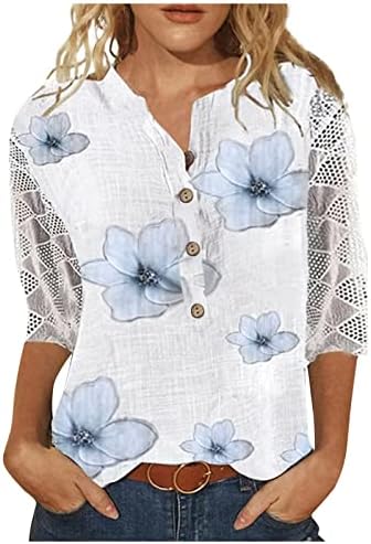 Шупливи 3/4 ракави блузи тинејџерска девојка Хенли, фрлајќи деколте, исмејуван врат цвет, обични блузи маици женски DC