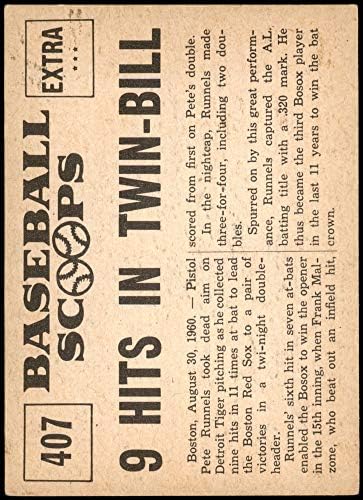 1961 Nu-картички Scoops 407 прави 9 хитови во двострана бит Пит Руннелс Бостон Ред Сокс ВГ/Екс Ред Сокс