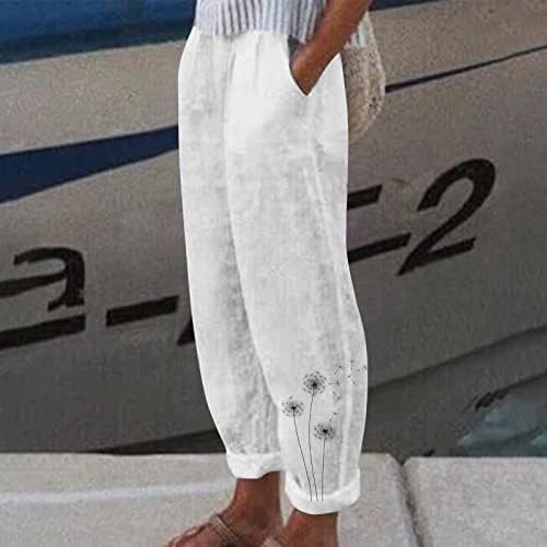 2023 Лето женски удобни панталони Капри, дами глуварче печатење исечени дневни обични панталони со широки нозе панталони за жени