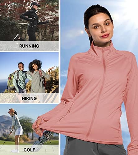 Women'sенски UPF 50+ Sun UV Заштита со долга ракав лесен SPF/UV трчање пешачење атлетска јакна со поштенски џебови