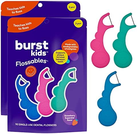 BurstKids Flossables Kids Flossers - Детски пикови со конец со ергономски дизајн, зафат без лизгање, смајли за лице и забавни бои
