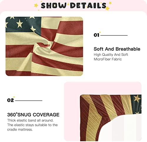 Алаза САД Американско знаме гроздобер чаршафи за креветчиња опремени со басинет лист за момчиња девојчиња дете, мини големина 39 x 27