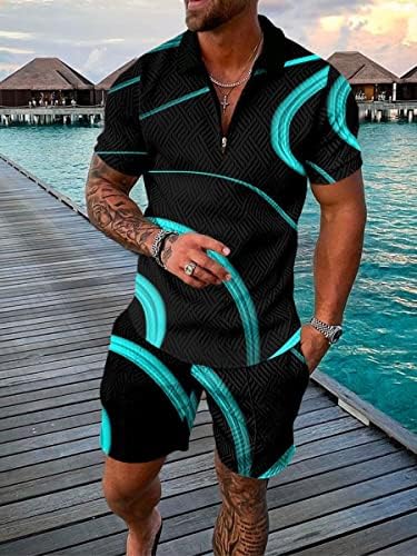 Менс летни патеки поставува влечење патент 2 парчиња Поло облеки за мажи во боја блок краток ракав модни голф кошули костуми костуми