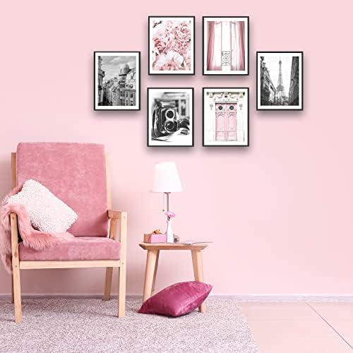 Hoozgee гроздобер моден париски wallиден уметност отпечатоци црно -бело платно постери Ајфелова кула розови цветни врати прозорци