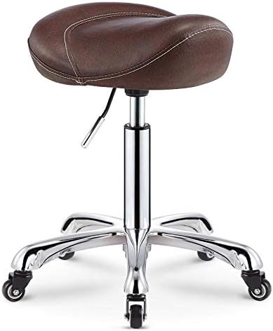 Столче за хидраулични салони со тркала ， адемски столици со кафеав ПУ синтетичко кожено седиште ， прилагодлива висина 40-66 см ， Поддржана