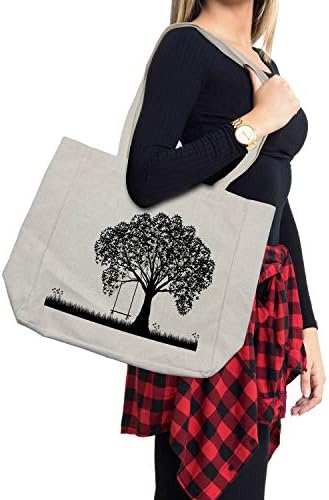 Торба за купување на дрво Амбесон, силуета на дрвјата со илустрација за замав, цвеќиња од трева монохроматска шема, еколошка торба
