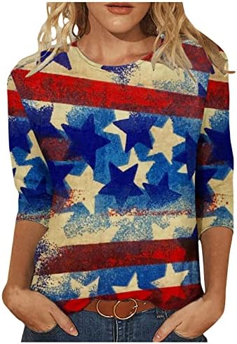 Womenените Американски кошули со знаме на 4-ти јули Патриотска кошула САД starsвезди ленти 3/4 ракав маица лето обични врвови