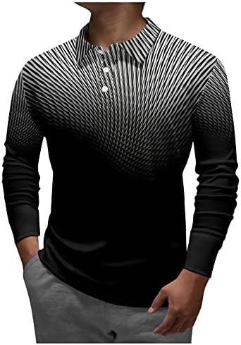 Поло кошули за машки машка лапел со долг ракав, печатени обични врвни кошули со лабава спортска кошула