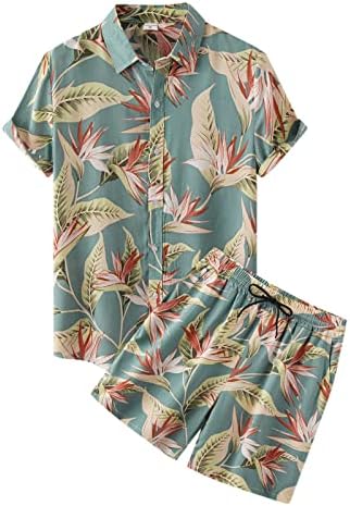 2 парчиња облека Облеки за мажи со џебови мода на хавајски кошула и кратки комплети цветни празници за спортска облека за празници