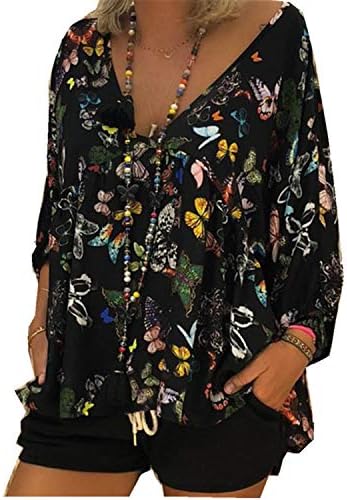 Andongnywell Women'sенски печатен блуза против вратот шифон Peplum Top V-Neck Floral Print Chiffon Burtics Tunics