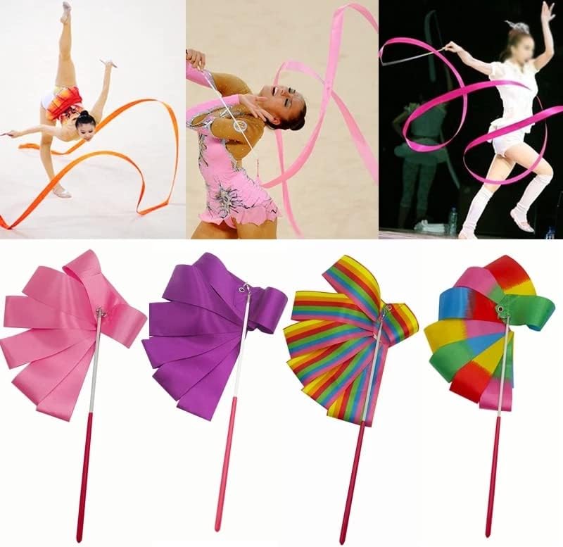 12 парчиња ритмичка уметност гимнастика обоени панделки Шарени деца танцуваат стрими со лента за деца, тренирани таленти за