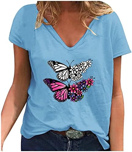 Дами маица есен лето 2023 година памук со краток ракав v врат графички бранч лабав вклопување врвен маица за тинејџерски девојки КД
