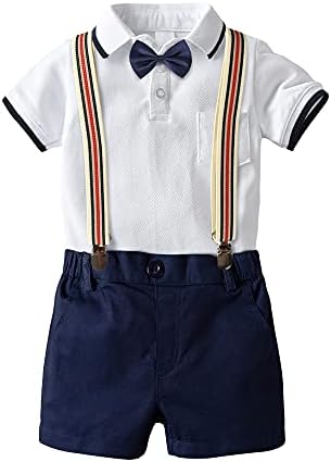 Детето момче летно облека со кратки ракави кошула + панталони за суспензија + лак вратоврска 4 парчиња момчиња облека за дете момче