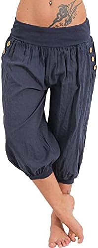 Еластична половината на Veathaer Womenенски 3/4 Капри хареми панталони со џебови Обични лабави цврсти јога панталони S-XXL