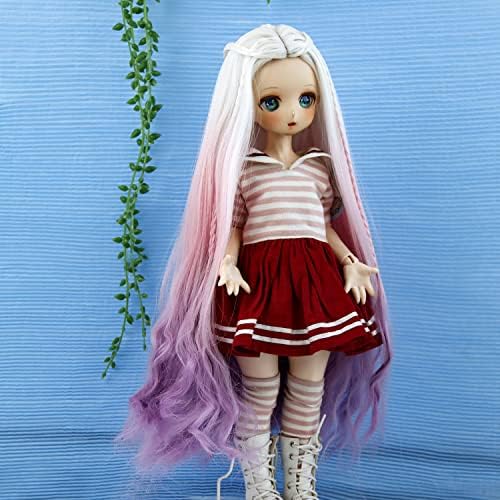Muziwig 1/3 BJD SD Doll Pig, висока температурна влакна со долги бранови бели розови омбре бои за перики за 1/3 BJD SD, мала перика за кукли.