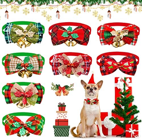 8 ПАРЧИЊА Божиќна Јака За Кучиња со Лак, Со Ѕвона Божиќни Додатоци За Чешлање Миленичиња Прилагодлива Големина За Божиќна Декорација На Мали