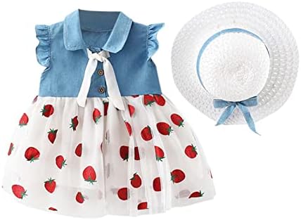 Новороденчиња бебе девојчиња 0 ~ 3 yesr стари фустан летен мува ракав тексас крпеница јагода од јагода тол