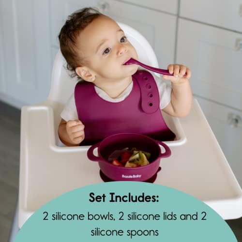 Bazzle Бебе силиконски чинии за вшмукување со вшмукување со капакот и лажицата БПА бесплатен силикон, бебиња одлетани од бебиња,
