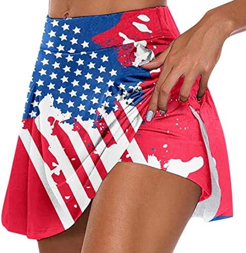 Атлетски здолништа на 4 -ти јули Американско знаме со шорцеви за жени со високи половини со високи половини, плетени голф 2 во 1 тренингот кулоти