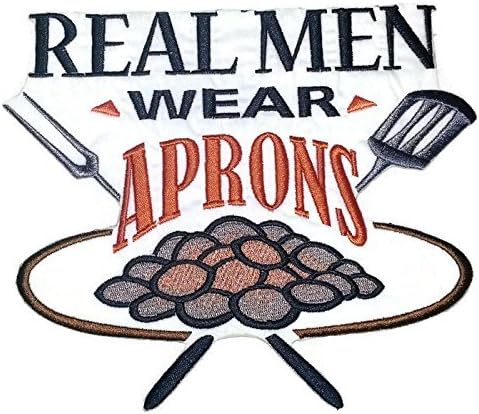 Ајде да излеземе од BBQ Design Design [Вистинските мажи носат престилки] Везено железо на/шива лепенка [8 x 6,5] направено во САД]
