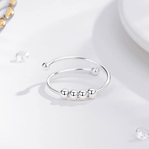 Вито Стерлинг Сребрен фидгетски прстен за вознемиреност за жени, прилагодлив отворен вртеж прстен со ротирачки монистра, проширување